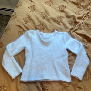 White V-Neck Women's Fuzzy Sweater